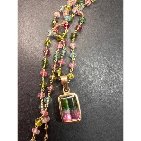 Vintage 14k & 18k gold watermelon tourmaline pendant necklace - Picture 9 of 16